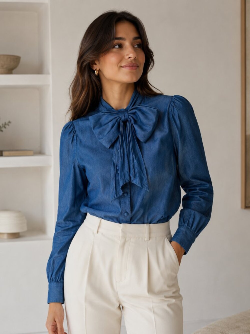 Kate Spade Denim Chambray Blouse with Bow Size 2